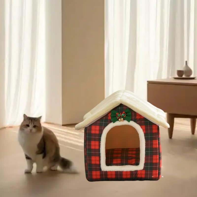 Plaid Cat Bed Cave with Removable Cushion A466234