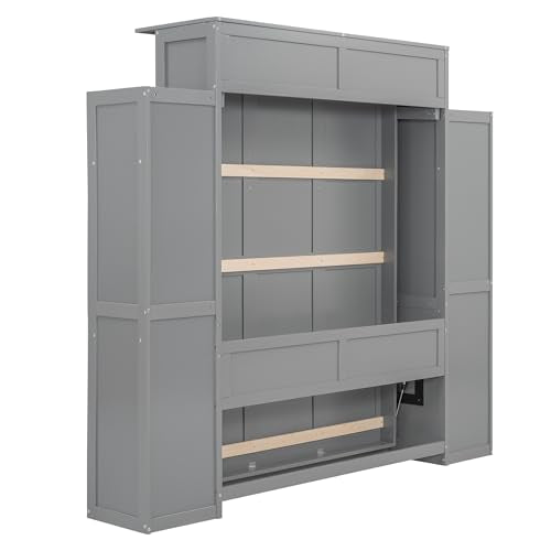 Grey Full Size Wood Murphy Bed with Storage Shelves and LED Lights X3433