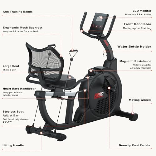 Magnetic Recumbent Exercise Bike with LCD Monitor and Large Seat Cushion T9878