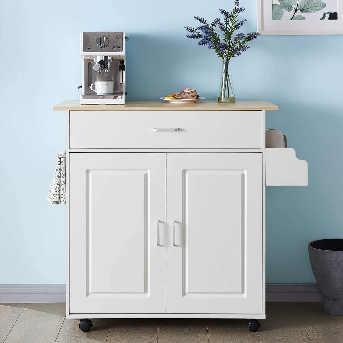 White Kitchen Island with Storage on Wheels A297
