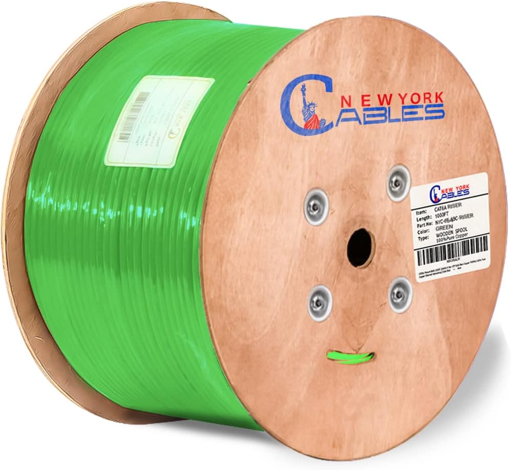 Cat6a Riser Bulk Ethernet Cable 1000ft CMR Rated Spool Solid Bare Copper 23AWG UTP Black O7869
