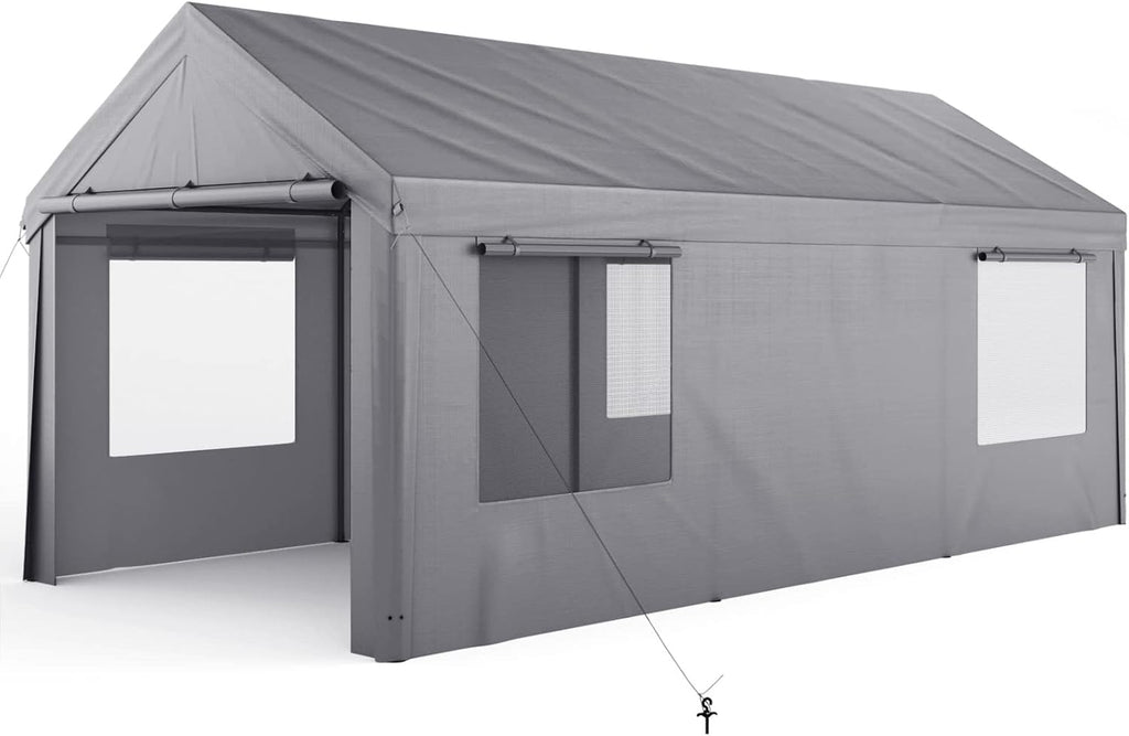 Enclosed Car Canopy 10x20*9.38ft with 4 Windows, 180g PE Cover, Detachable Walls & Doors I932