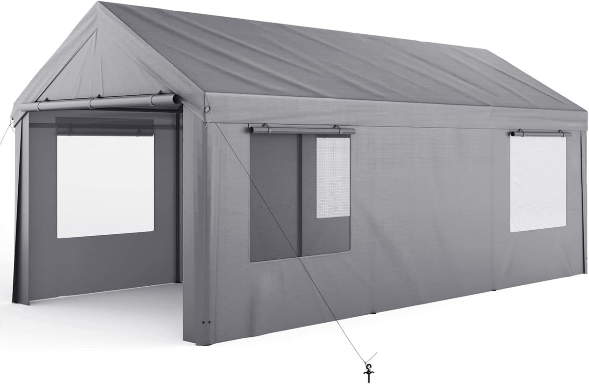 Enclosed Car Canopy 10x20*9.38ft with 4 Windows, 180g PE Cover, Detachable Walls & Doors I932