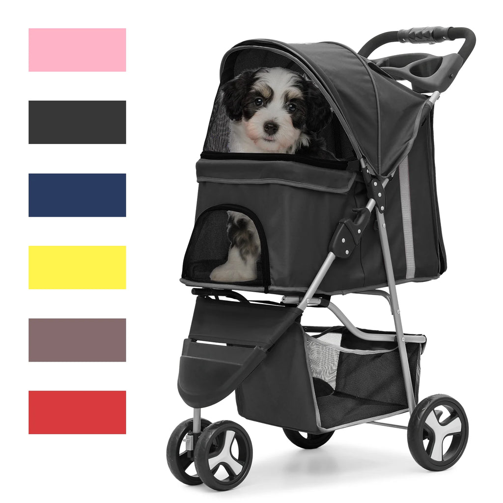 Foldable Pet Stroller with Wheels, Storage Basket and Cup Holder, Navy Blue I927