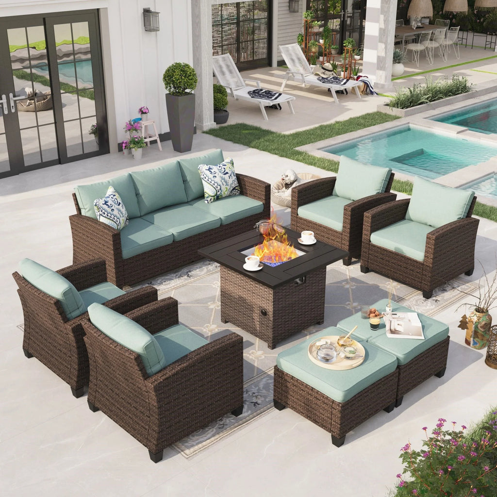 8 Pieces Wicker Patio Furniture Set with Fire Pit Table G604424