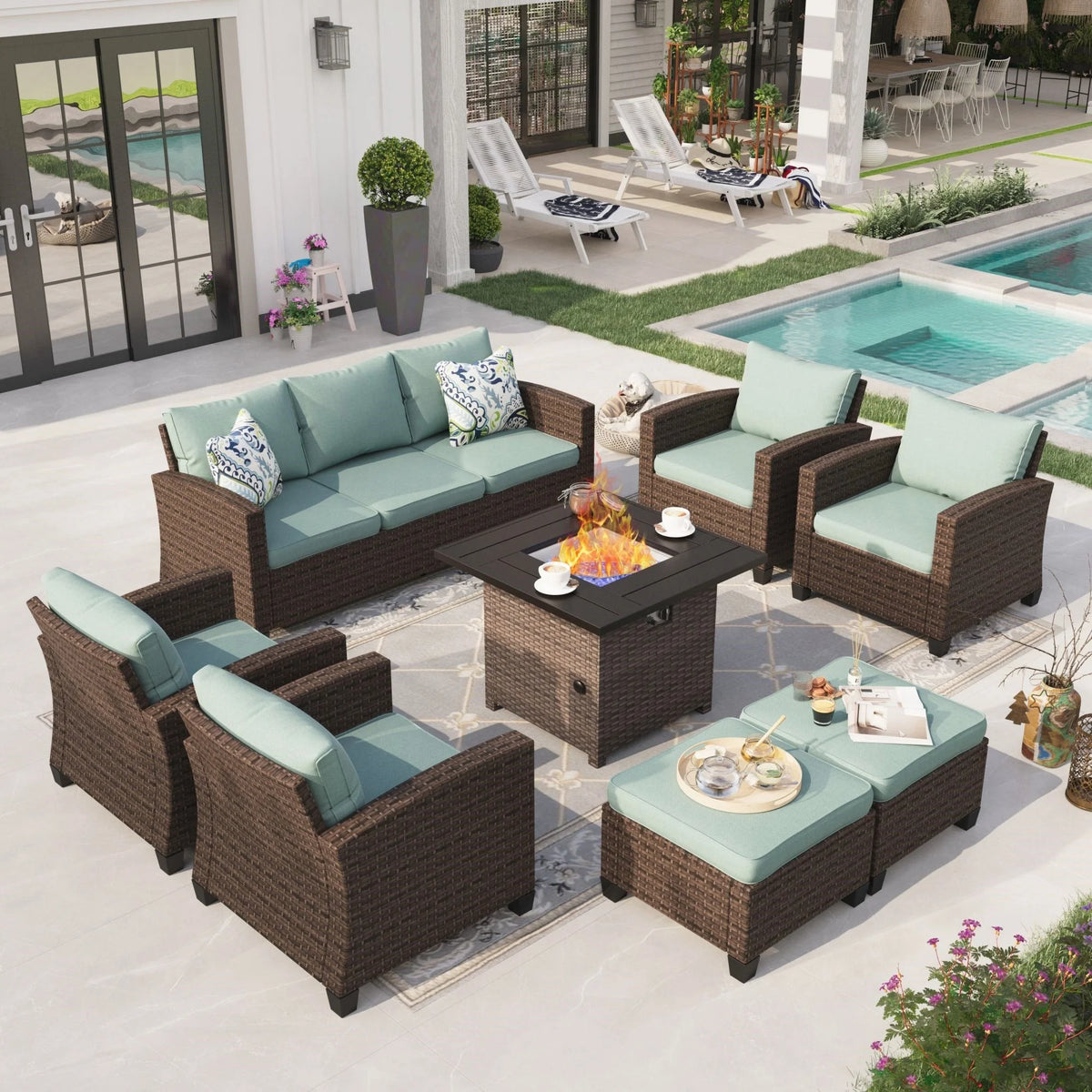 8 Pieces Wicker Patio Furniture Set with Fire Pit Table G604424