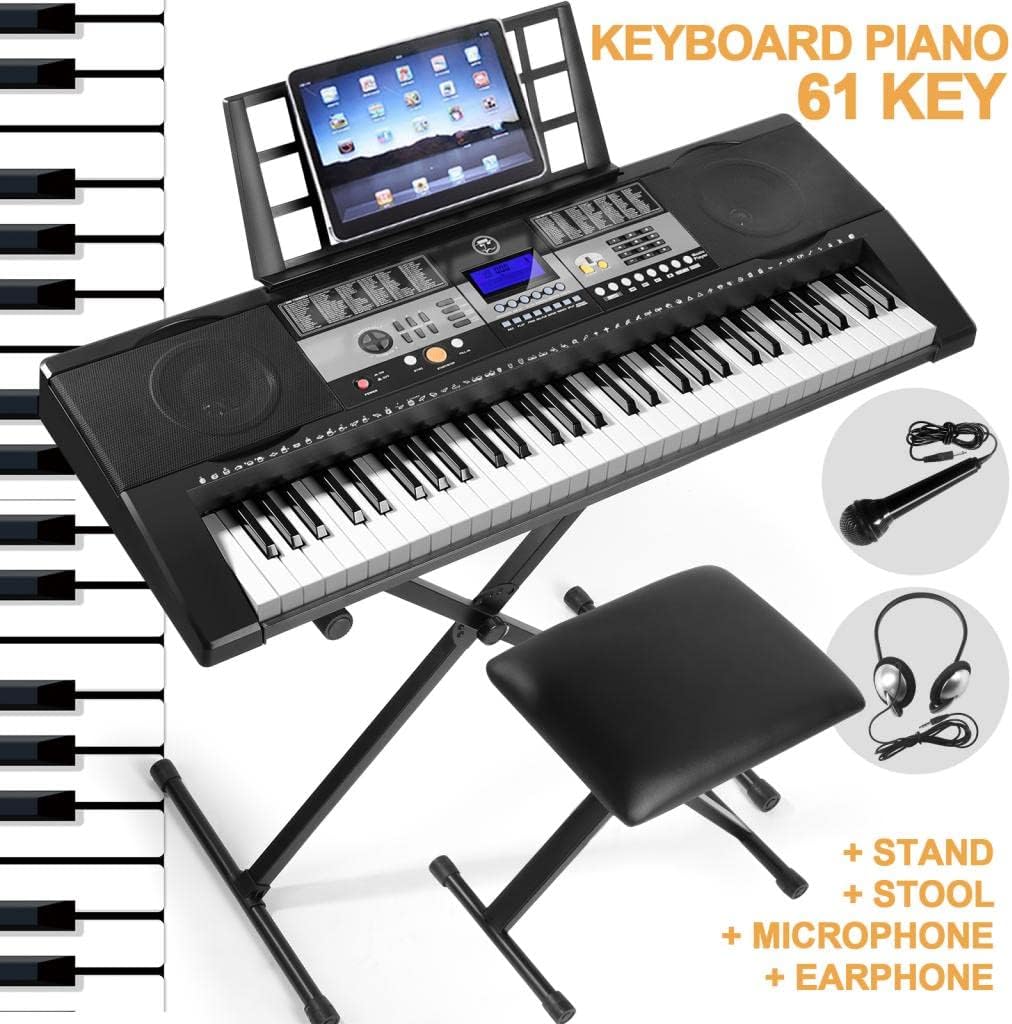 61 Key Portable Electronic Keyboard Piano with Stand and Stool V353729