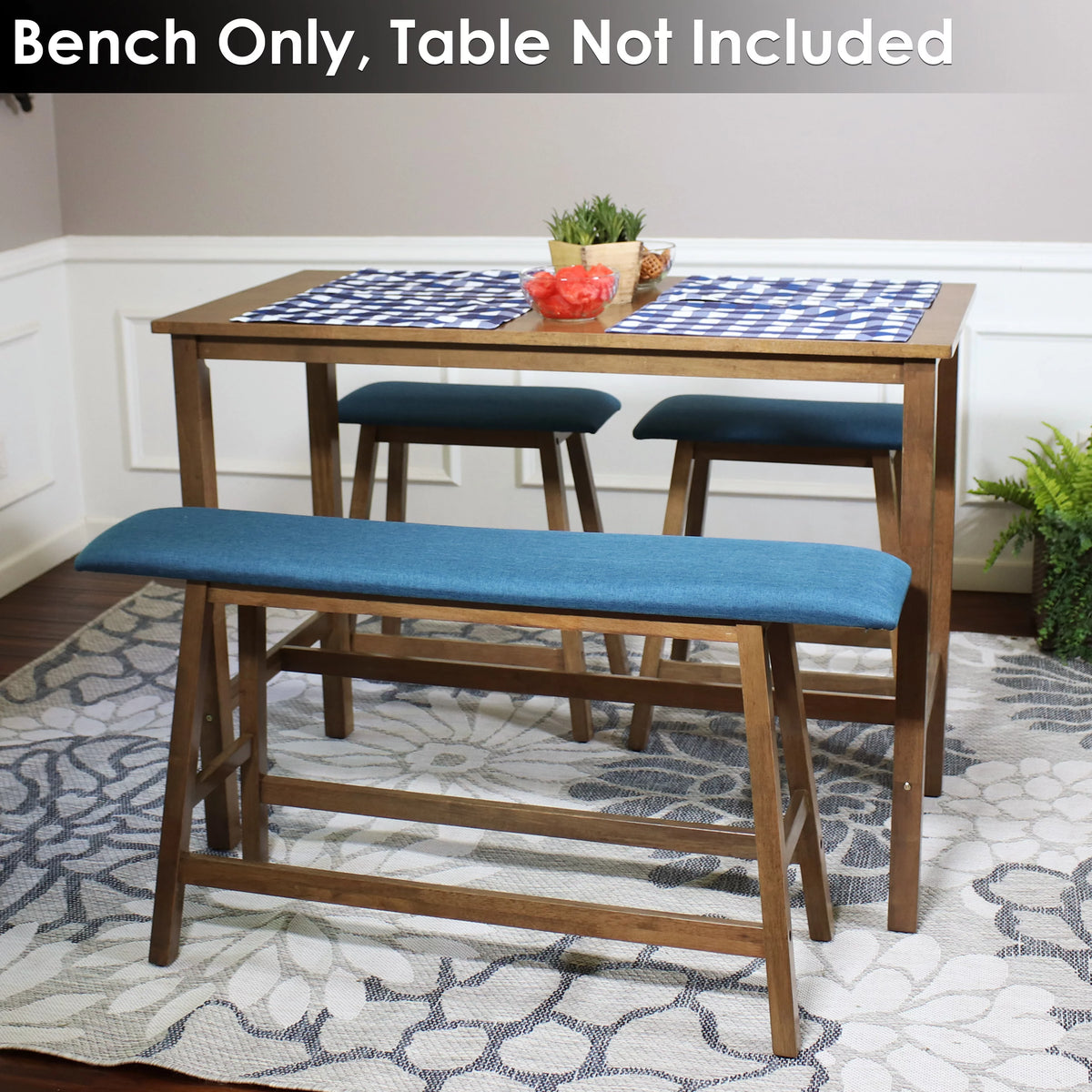 Wooden Counter-Height Dining Bench with Blue Cushion N993833