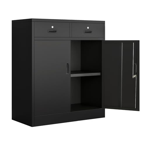 Black Metal Storage Cabinet with Adjustable Shelf and 2 Drawers C1840