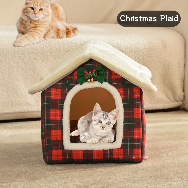 Plaid Cat Bed Cave with Removable Cushion A466234