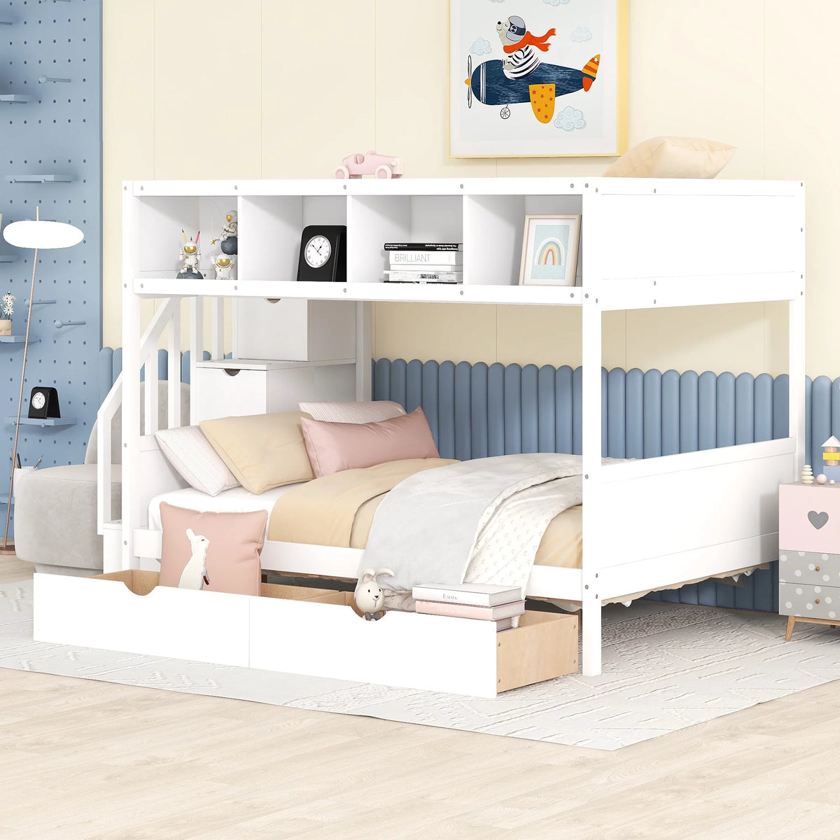 Solid Wood Twin Over Full Bunk Bed with Staircase and 2 Drawers X937