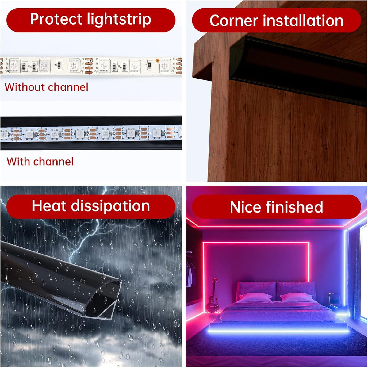 Black LED Channel System with Crystal Smoky Clear Cover Lens, Aluminum Extrusion Profile Strip Tape Lights V-Shape R2360