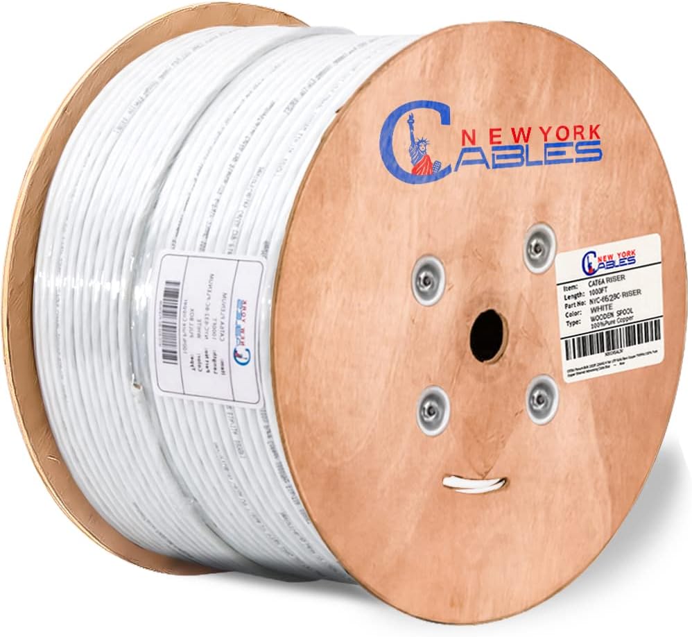 Cat6a Riser Bulk Ethernet Cable 1000ft CMR Rated Spool Solid Bare Copper 23AWG UTP Black O7869