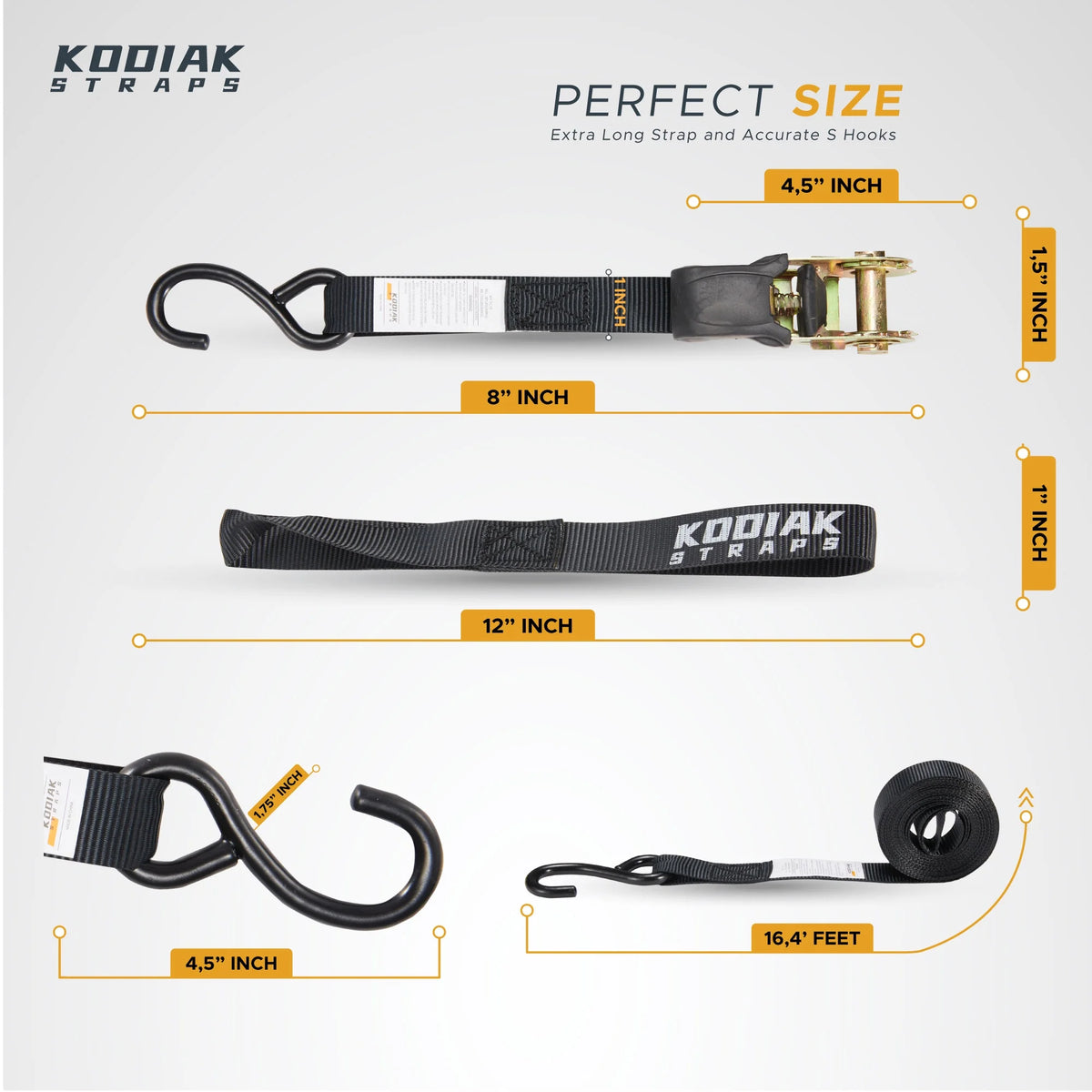 Ratchet Straps Heavy Duty Tie Down Strap Set 2200 Break Strength 1" x 17' 4pk with Soft Loops Coated Deep S-Hook & Carry Bag Black U629