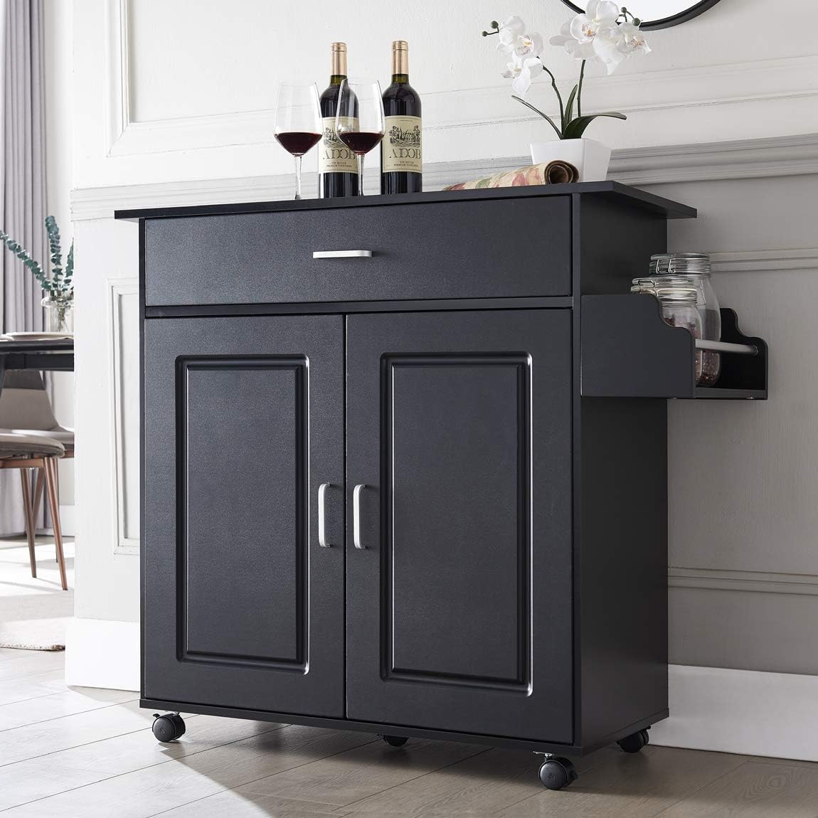 White Kitchen Island with Storage on Wheels A297