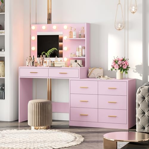 Black Vanity Desk with Mirror and Lights, 8 Storage Drawers W318