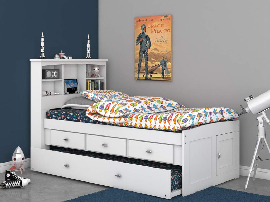 White Twin Bookcase Bed with 3 Drawers and Trundle H49120