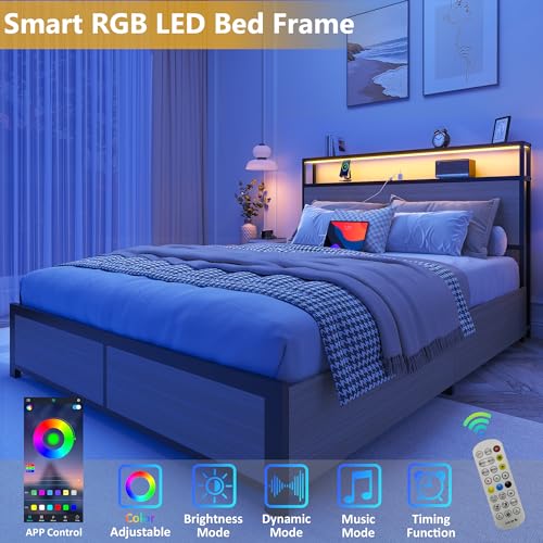 Queen Metal Platform Bed Frame with Storage Headboard and 4 Drawers G537461