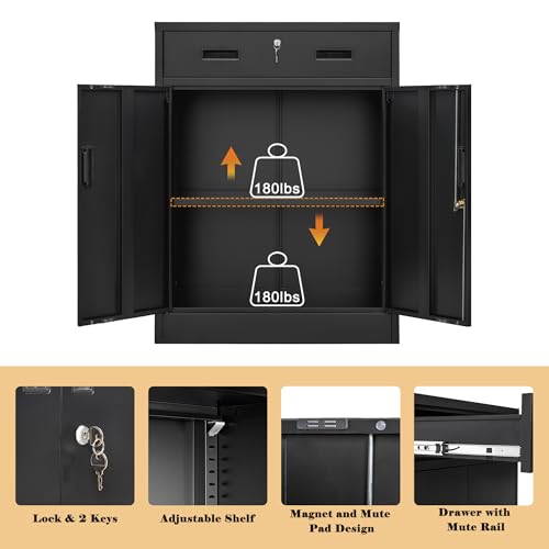 Black Metal Storage Cabinet with Adjustable Shelf and 2 Drawers C1840