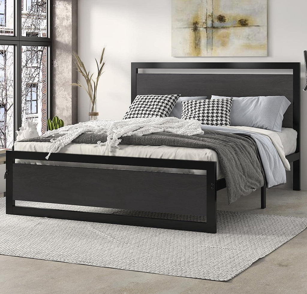 Brown Queen Size Metal Platform Bed Frame with Wooden Headboard U58902