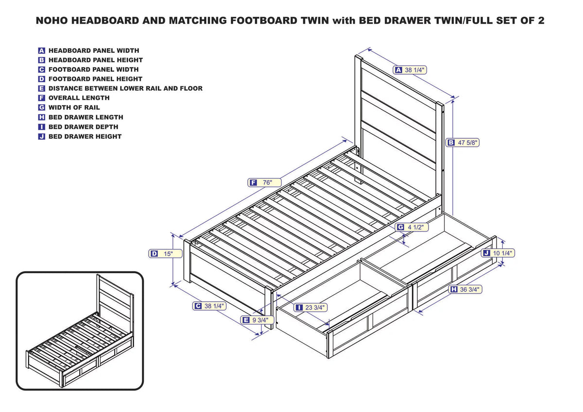 Twin Wood Platform Bed with Headboard Footboard & 2 Storage Drawers, Walnut Q7258