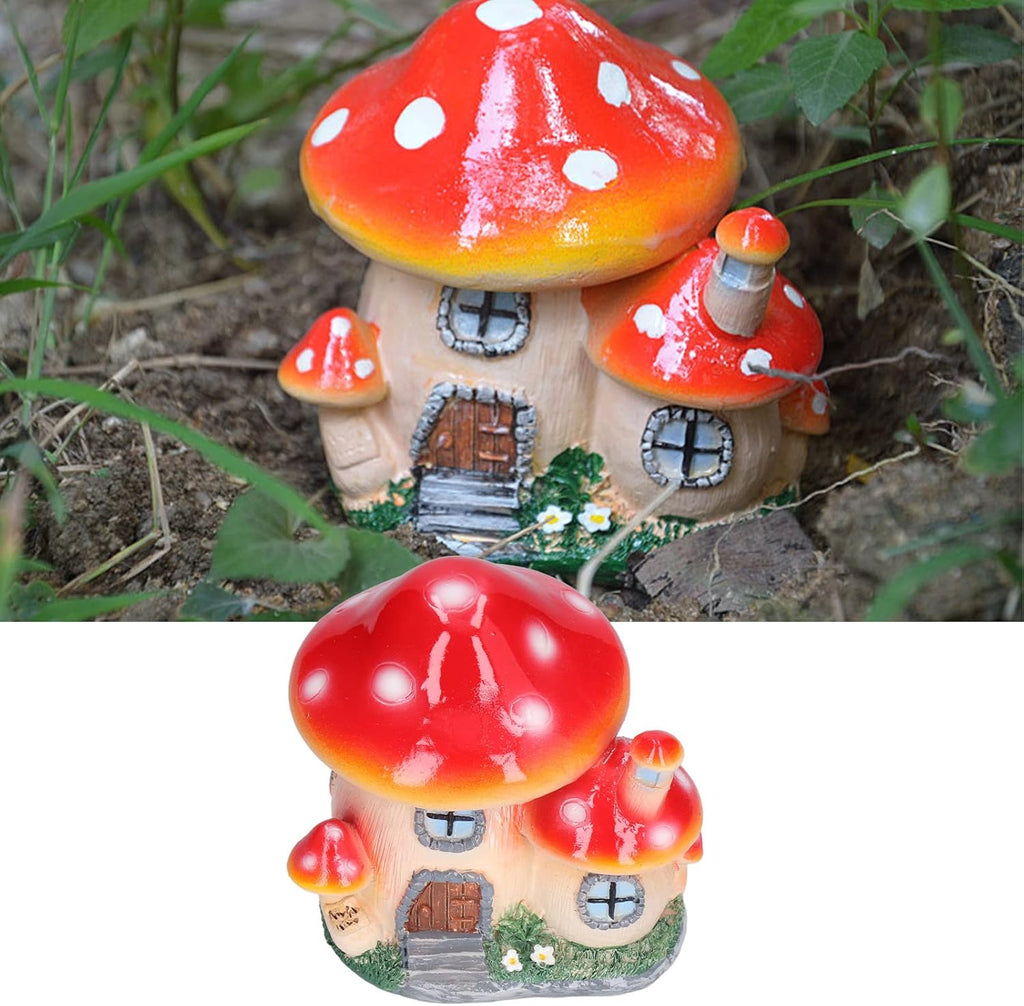 Red Synthetic Resin Mushroom House Sculpture 3.9x3.1x3.7 inch D5595
