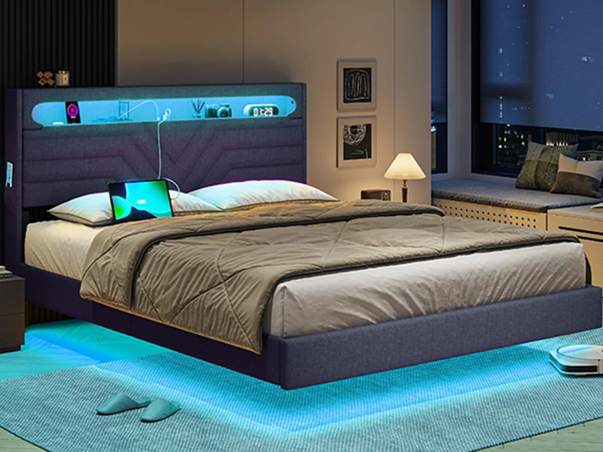 Queen Floating Bed Frame with LED Lights Headboard, USB-C/A Power Combo, Upholstered Platform Bed, Dark Gray O579