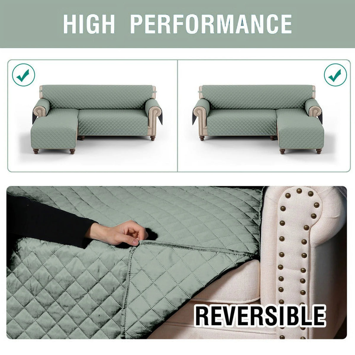 Light Green Reversible Waterproof L-Shaped Sofa Slipcover R885069