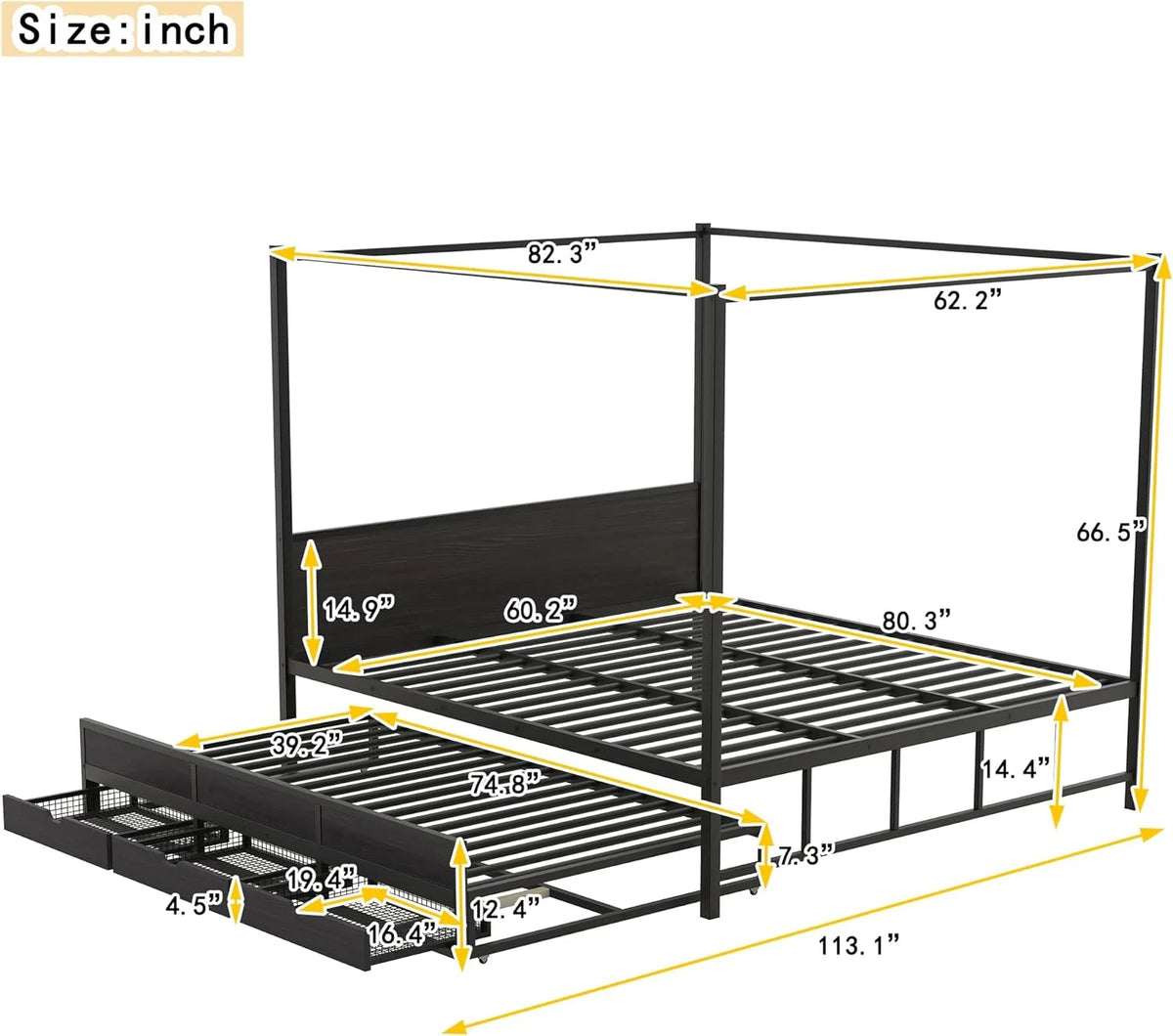 Queen Metal Canopy Bed Frame with Headboard and 3 Storage Drawers D428