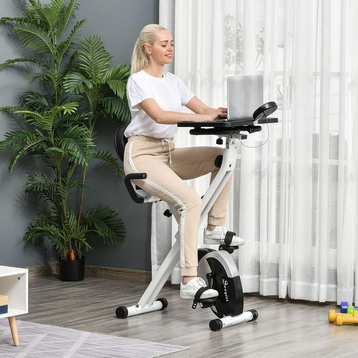 White Stationary Exercise Bike with Adjustable Desktop A27573