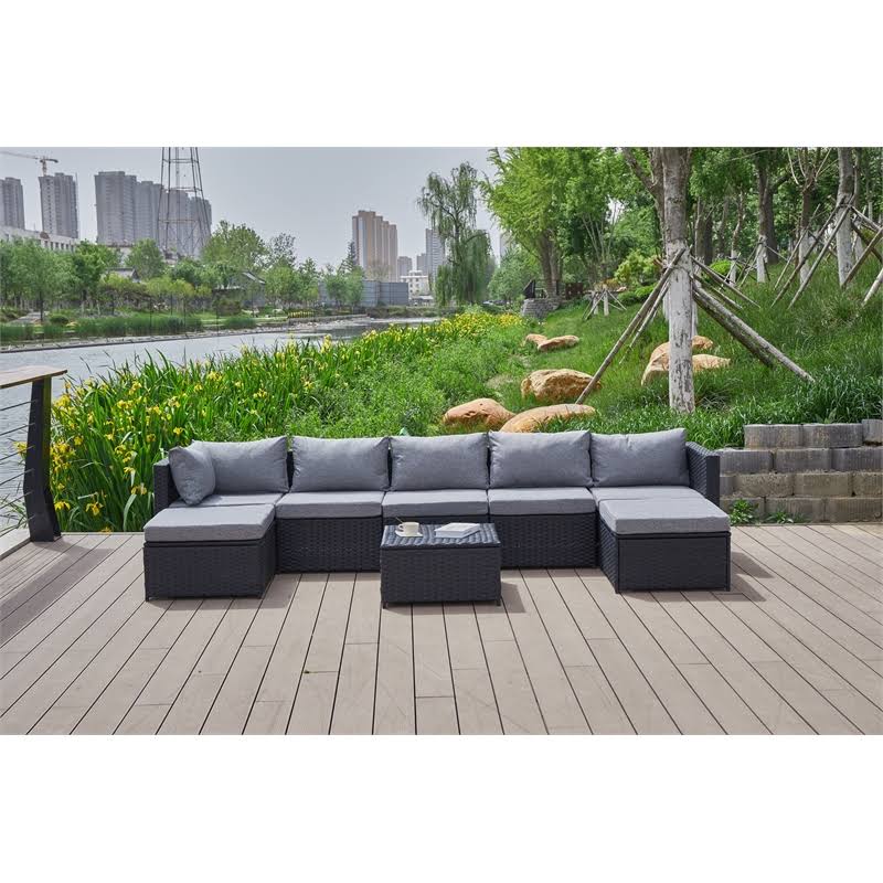 Grey Wicker/Rattan Sectional with Storage Ottoman H1818
