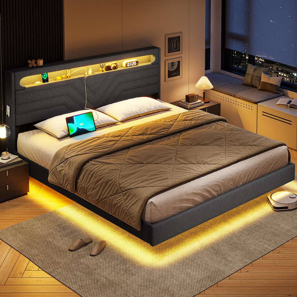Queen Floating Bed Frame with LED Lights Headboard, USB-C/A Power Combo, Upholstered Platform Bed, Dark Gray O579