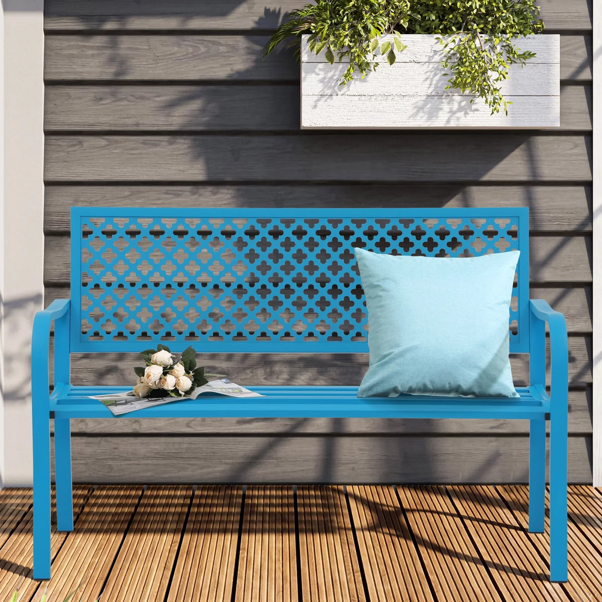 Blue 50in Metal Outdoor Garden Bench with Armrest Z78891