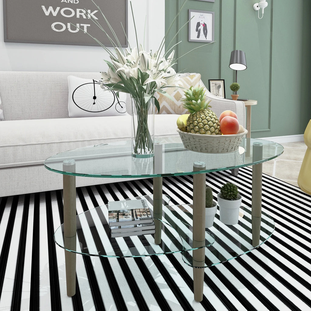 Oval Glass Coffee Table with Oak Wood Legs O534138