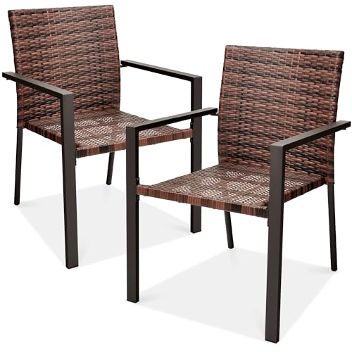 Set of 2 Stackable Outdoor Wicker Dining Armchair with Steel Frame Light Brown E4540