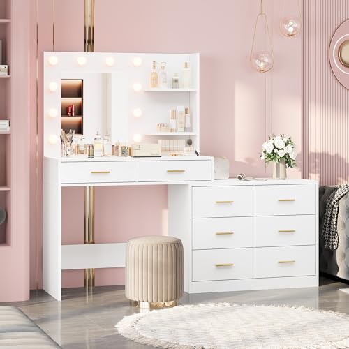 Black Vanity Desk with Mirror and Lights, 8 Storage Drawers W318