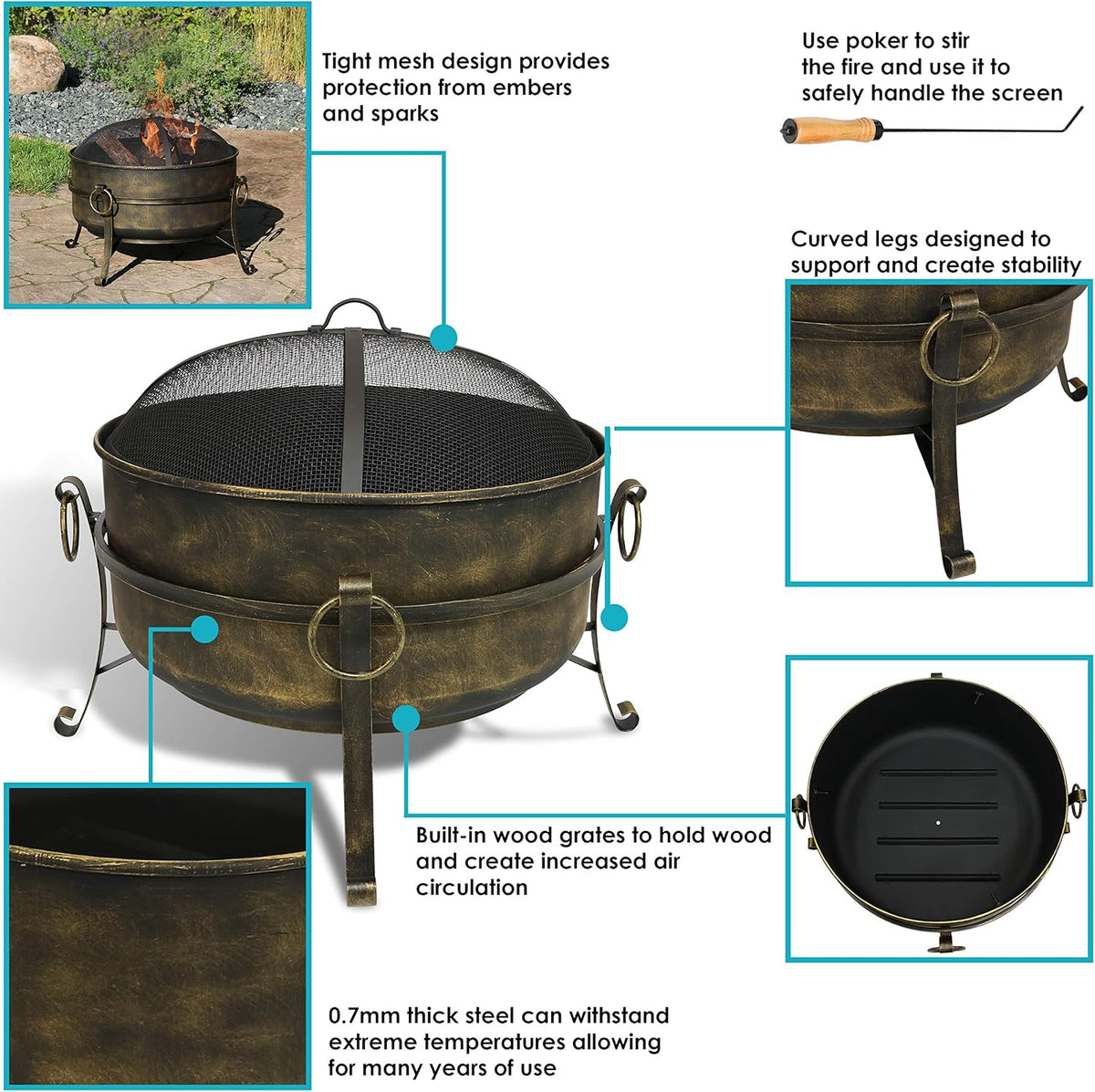 24-Inch Wood-Burning Fire Pit with Spark Screen, Poker, and Grate T85794