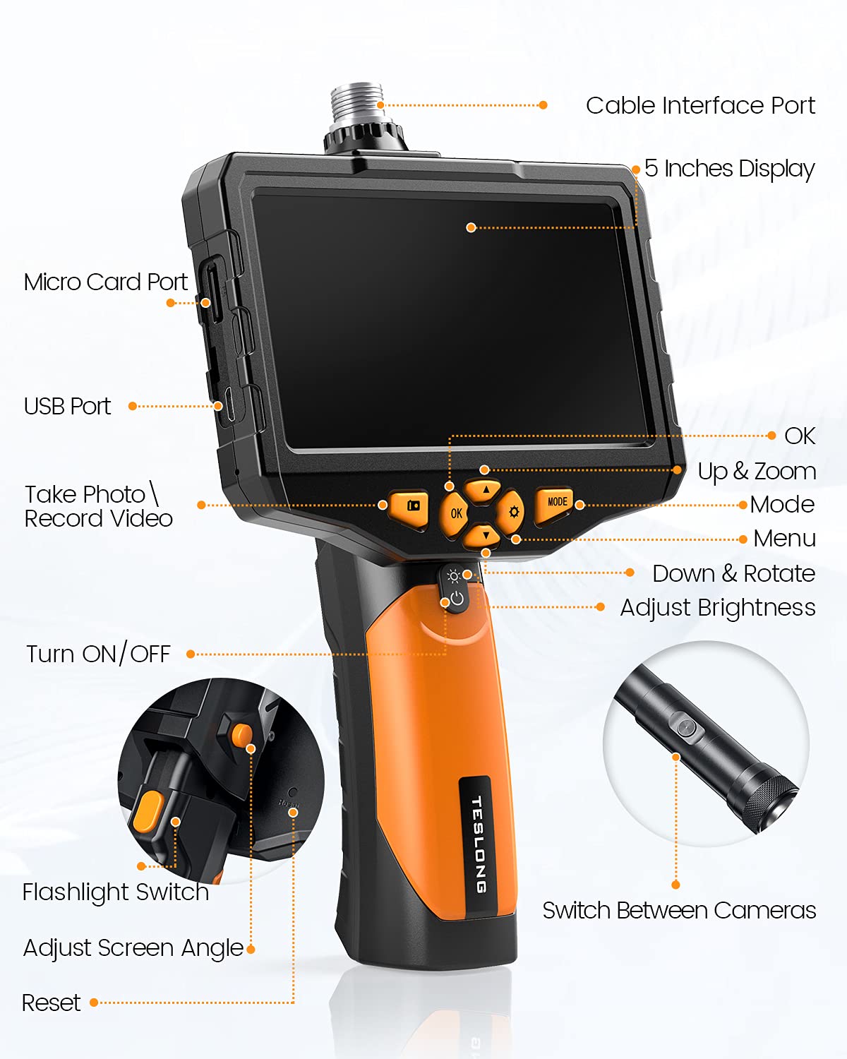 Dual Lens Inspection Camera with Light, 5 IPS Screen, 16.4ft Flexible Probe, 1080p P562
