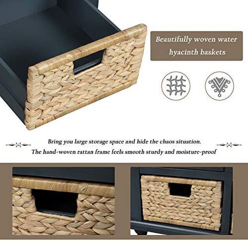 Rustic Bench with 3 Drawers and 3 Rattan Baskets Shoe Bench with Removable Cushion (White) L90439