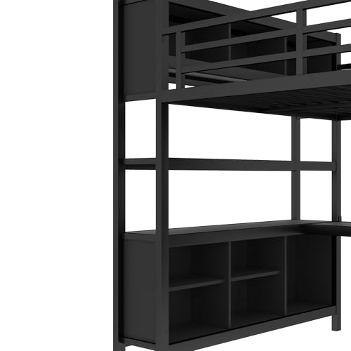 Queen Size Black Metal Loft Bed with Wardrobe and L-Shaped Desk M866