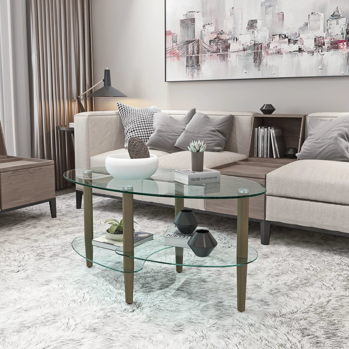 Oval Glass Coffee Table with Oak Wood Legs O534138