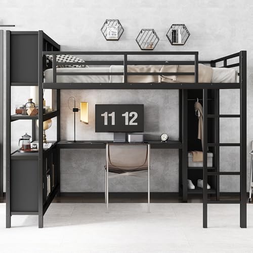 Queen Size Black Metal Loft Bed with Wardrobe and L-Shaped Desk M866