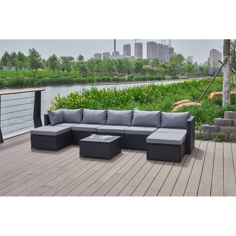 Grey Wicker/Rattan Sectional with Storage Ottoman H1818