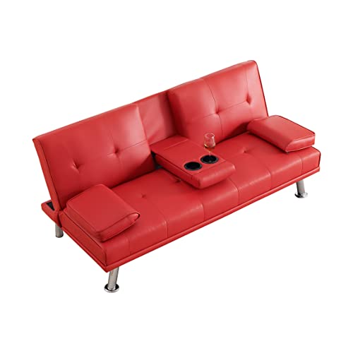 Faux Leather Convertible Folding Futon Sofa Bed Loveseat with Removable Armrests C594