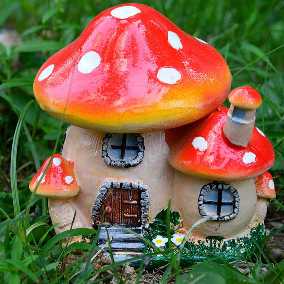 Red Synthetic Resin Mushroom House Sculpture 3.9x3.1x3.7 inch D5595