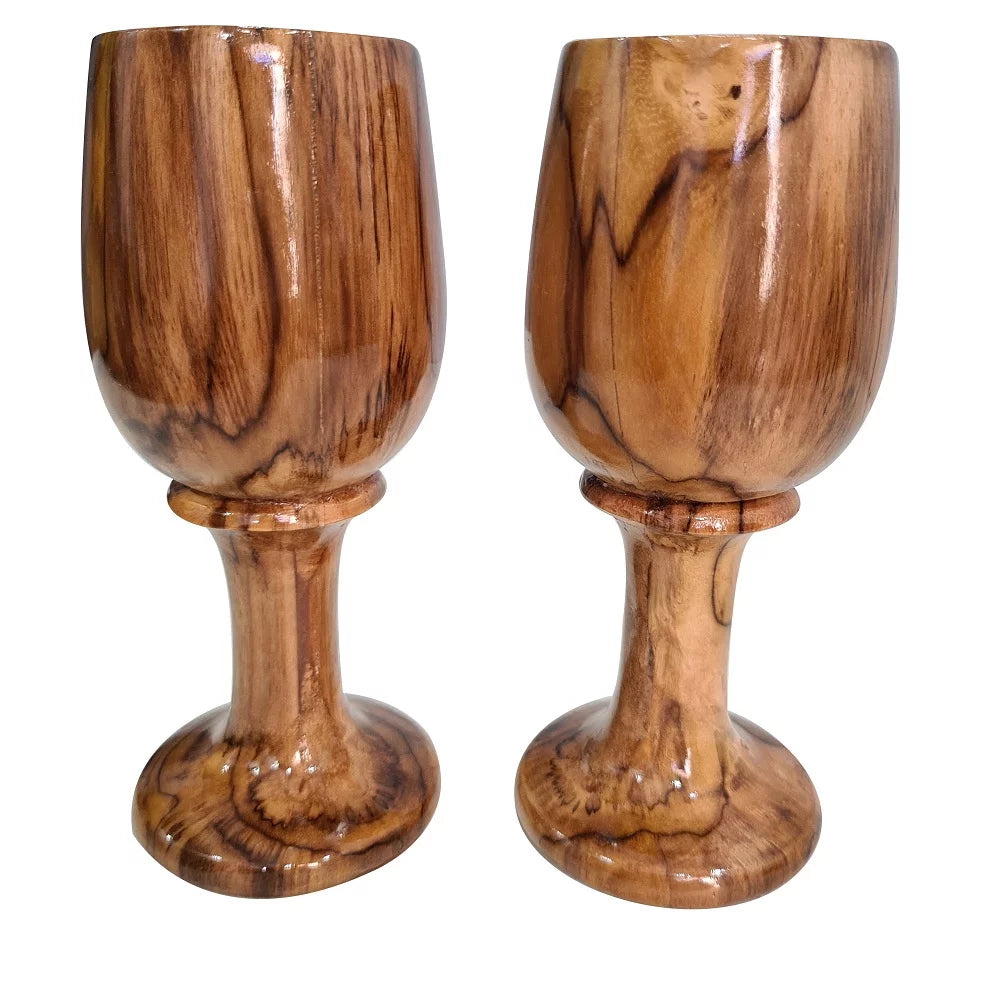 Rustic Dark Brown Wooden Wine Glass Goblet Drinkware Cup Set of 2 M770