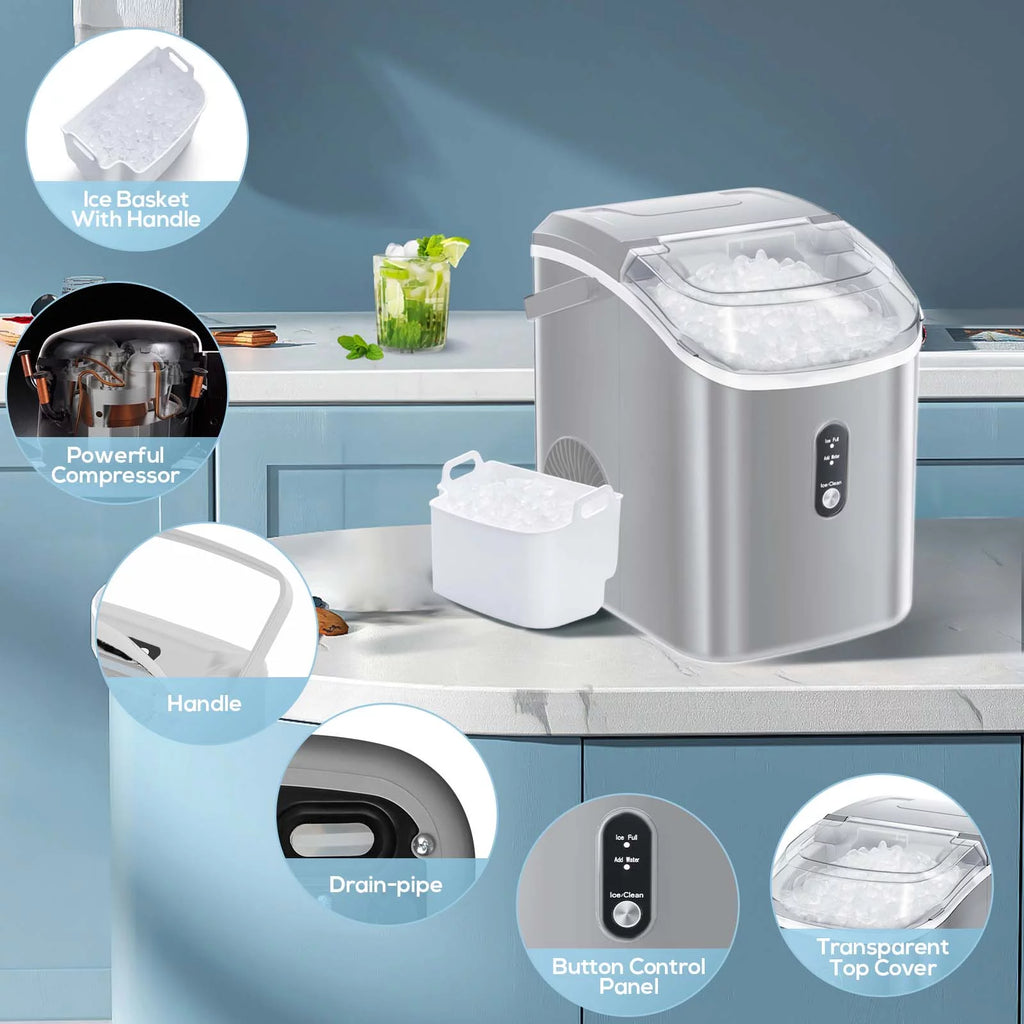 Nugget Ice Maker Countertop 33lbs/24H Self-Cleaning Portable Ice Machine Gray N350