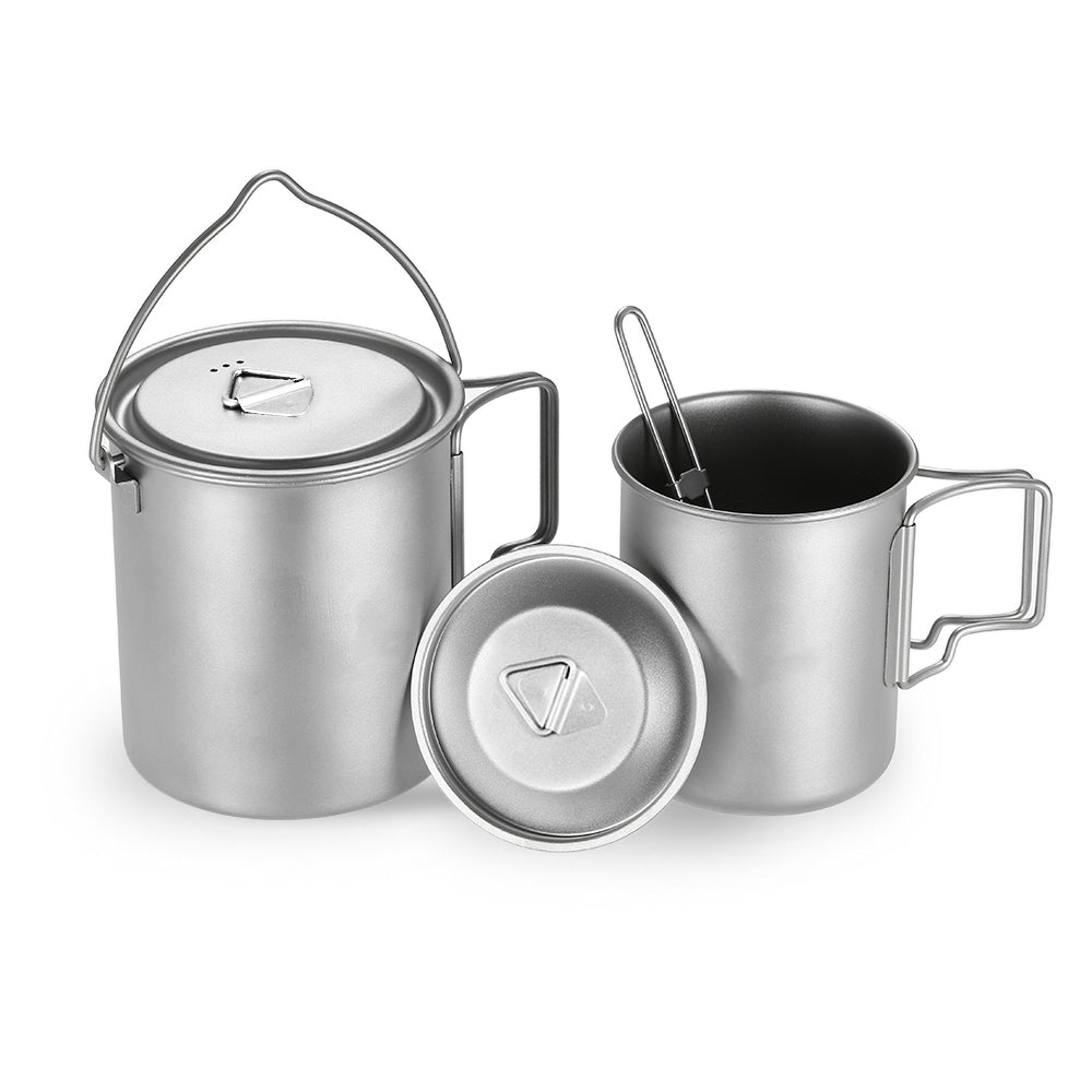Titanium 3 Pieces Set 750ml Pot 450ml Water Cup Mug with Lid Folding Spork Z728014