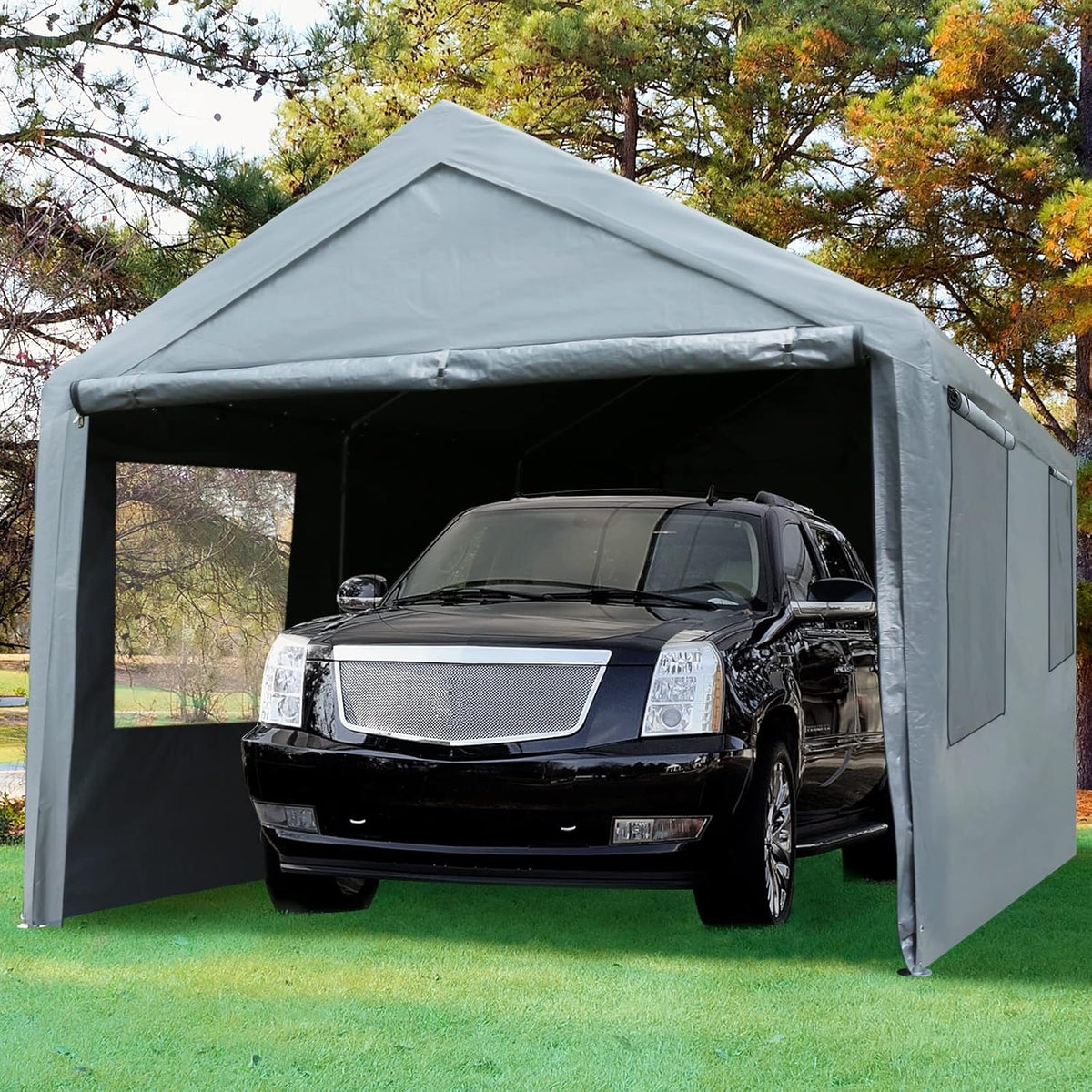 Enclosed Car Canopy 10x20*9.38ft with 4 Windows, 180g PE Cover, Detachable Walls & Doors I932