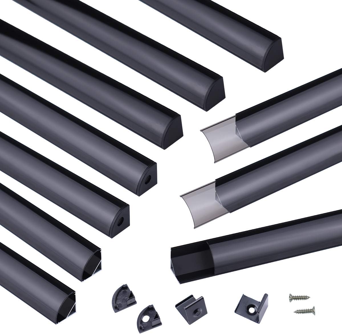 Black LED Channel System with Crystal Smoky Clear Cover Lens, Aluminum Extrusion Profile Strip Tape Lights V-Shape R2360